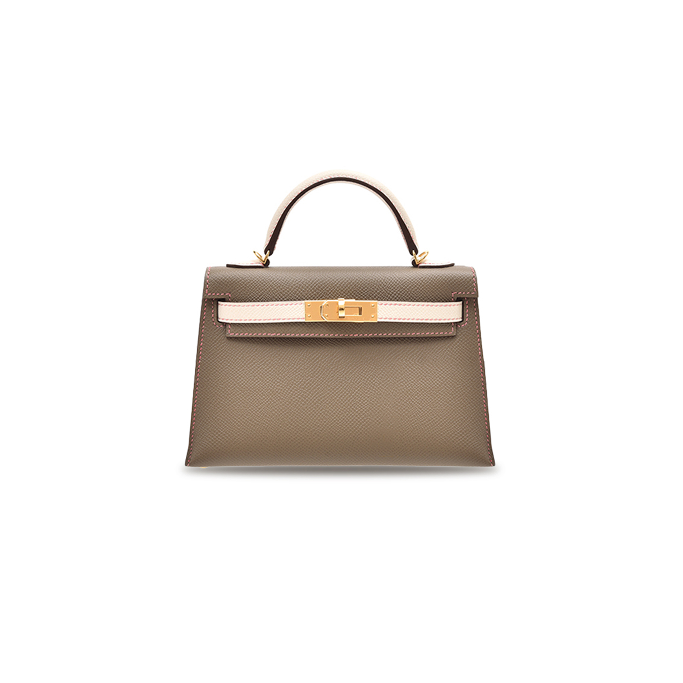 HERMÈS MINI KELLY II EPSOM ELEPHANT GRAY AND MILKSHAKE WHITE GOLD BUCKLE (19*12*5.5cm) 